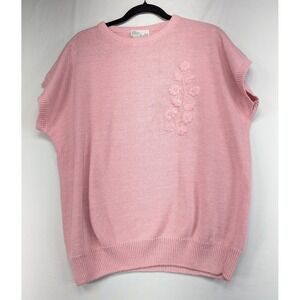 Debra Martin Vintage Pink Floral Embroidered Knit Sweater Vest Ramie Cotton XL